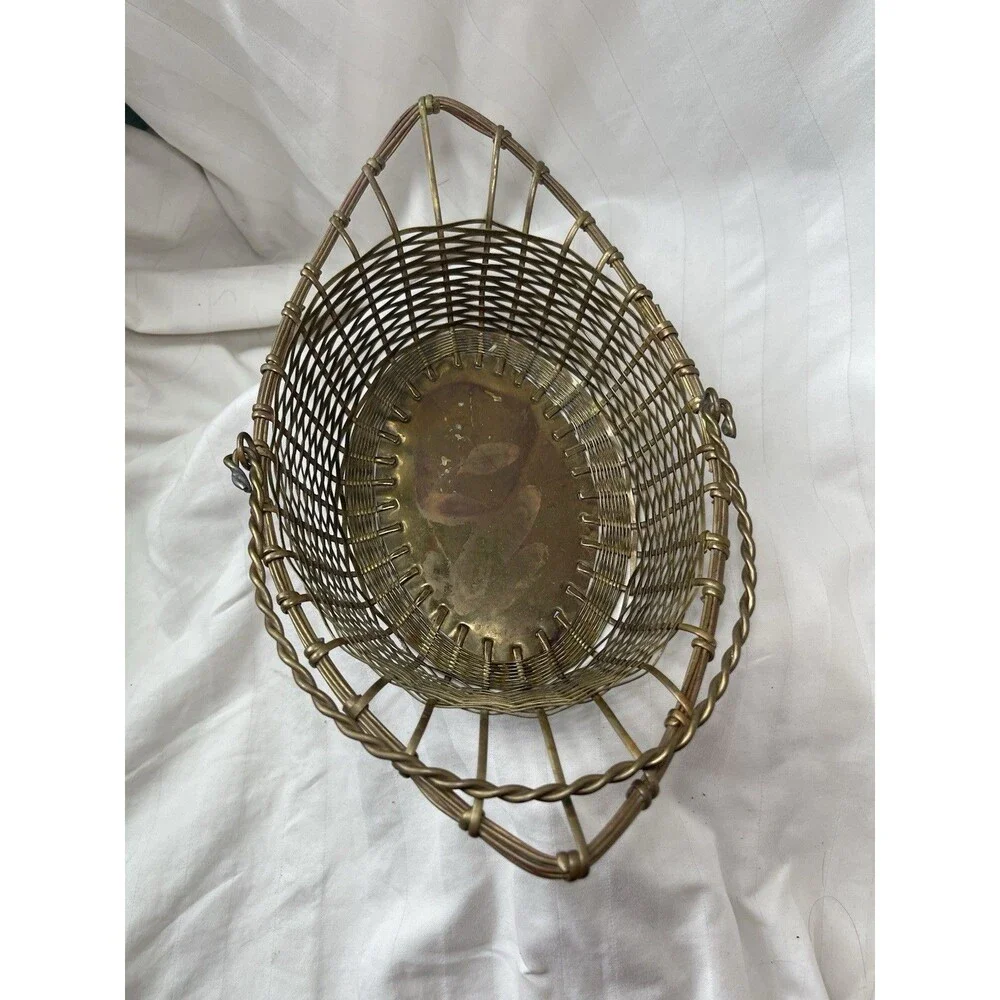 Oval Brass Metal Wire Woven Basket w/ Handle, Made in India, 11in long